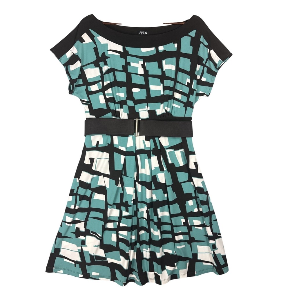 Apt. 9 Dress Womens Large Blue Black Short Sleeve Belted Geometric Boat Neck Y2K